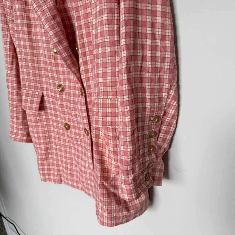 Free People Pink Plaid Double-Breasted Blazer Jacket - Picture 5 of 9